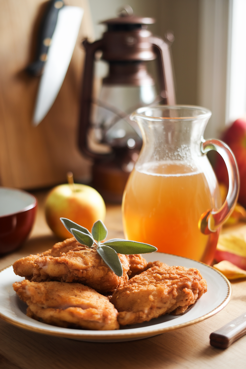 Indoor autumn kitchen scene featuring fried chicken breasts next to a pitcher of apple cider, sprig of sage garnish, photo only, no text or logos