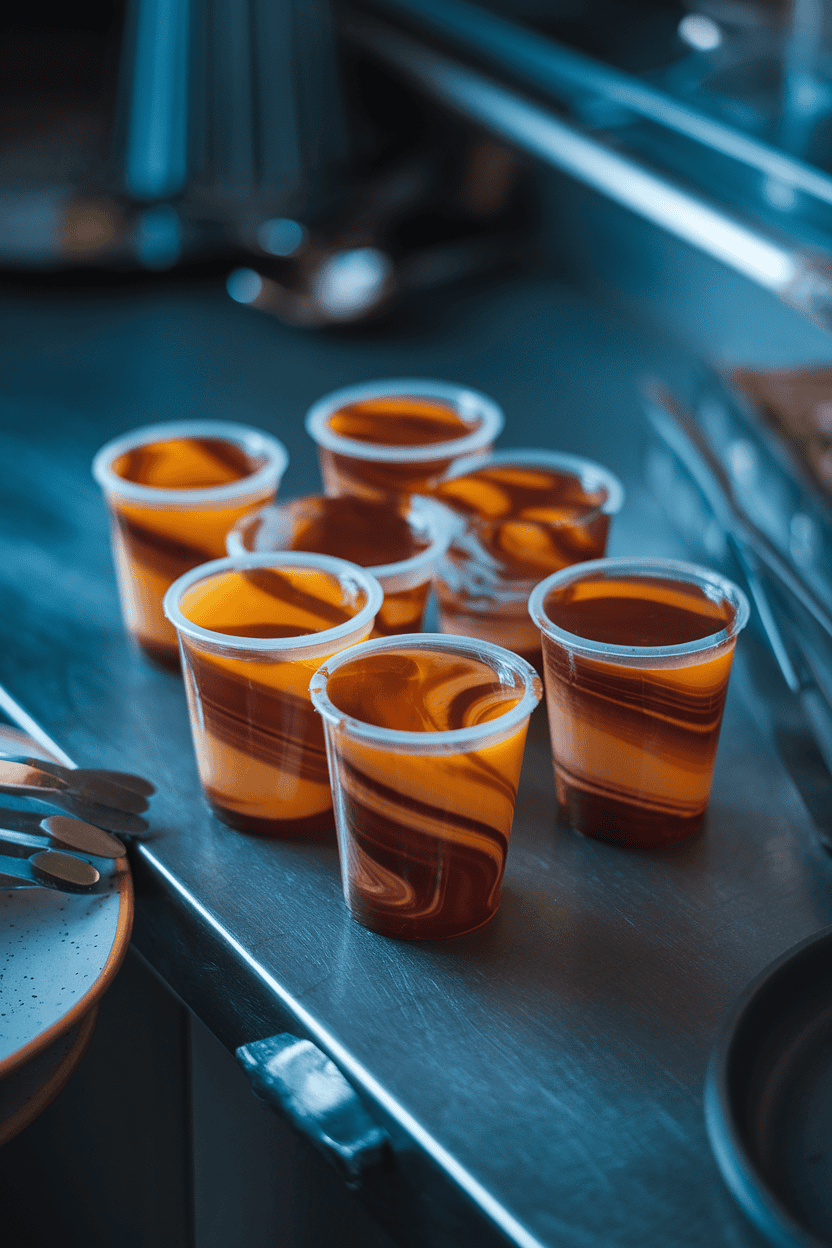 Indoor countertop with marbled orange-and-brown jello shots, slight messiness to mimic decay, moody lighting, no text or logos