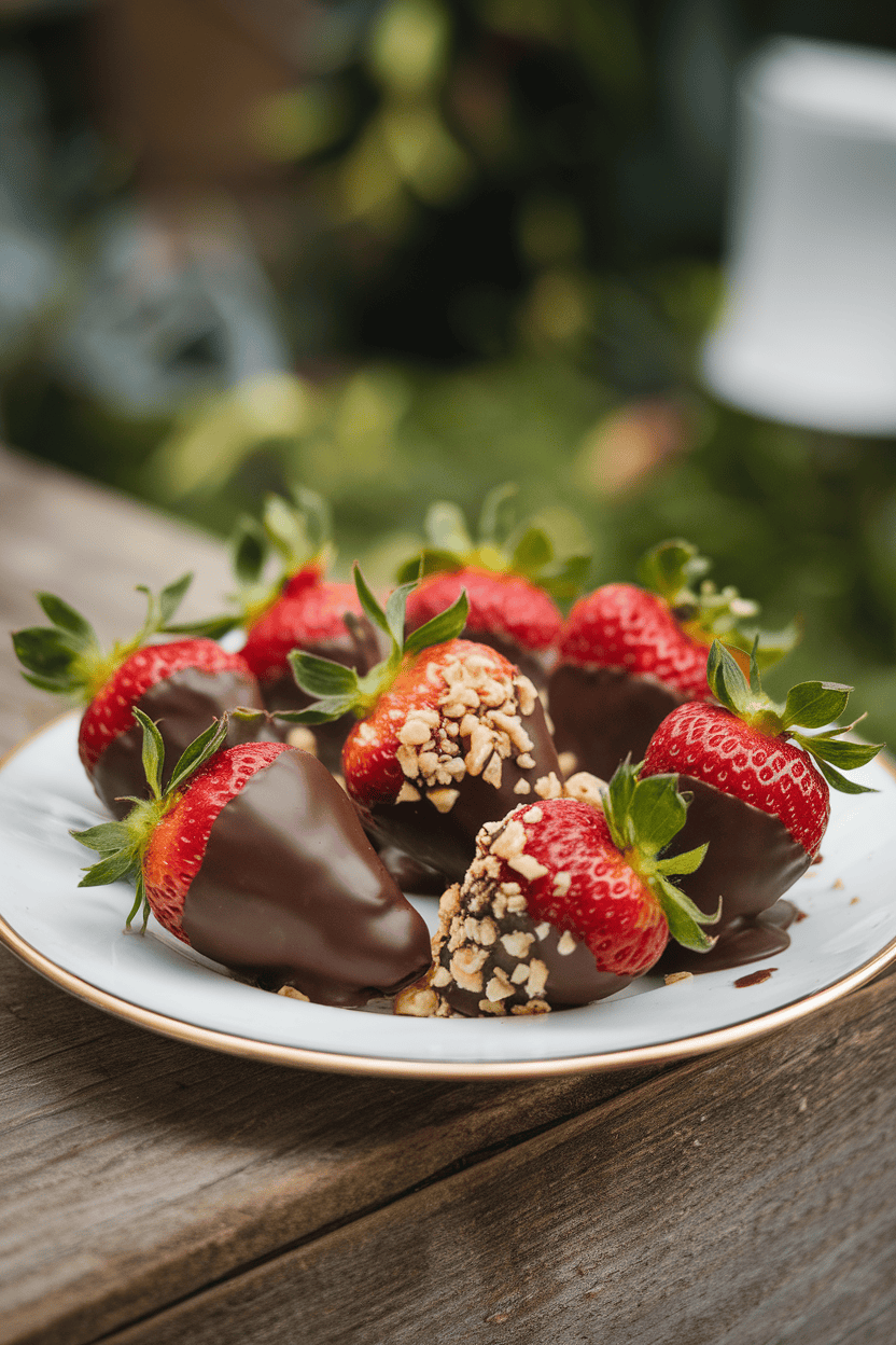 An indoor dessert plate arranged with fresh strawberries half-coated in glossy dark chocolate, some sprinkled with chopped nuts. No text or logos; photo only.