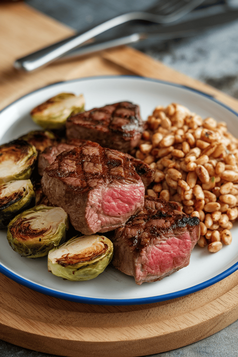 Indoor image of medium-well steak bites, balsamic roasted Brussels-sprout halves, and a scoop of farro grains; no text or logos.