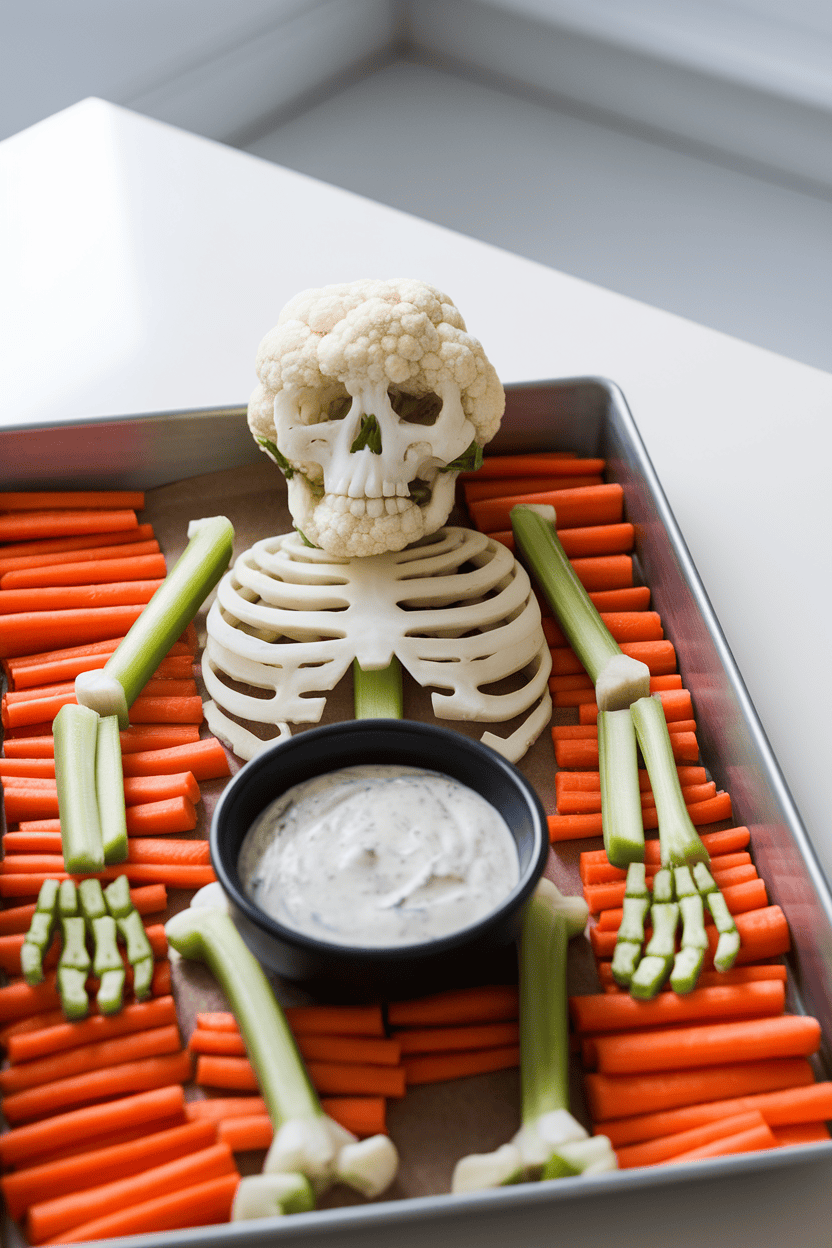 A brightly lit indoor tray where cut vegetables form a skeleton—cauliflower skull, celery ribs, carrot limbs—served with ranch dip. No logos, no text.