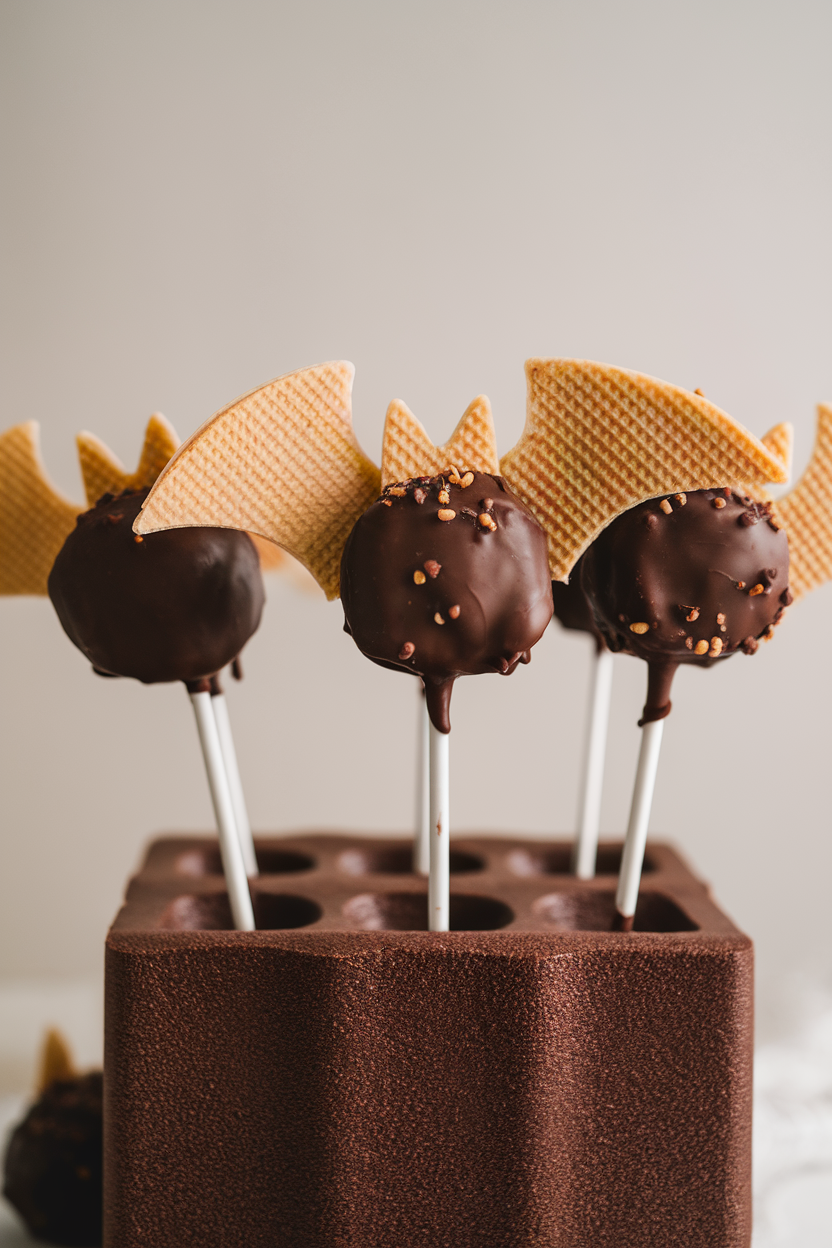 Indoor shot of brownie pops coated in dark chocolate, with bat-shaped wafer wings attached, presented upright in a styrofoam block; no text or logos