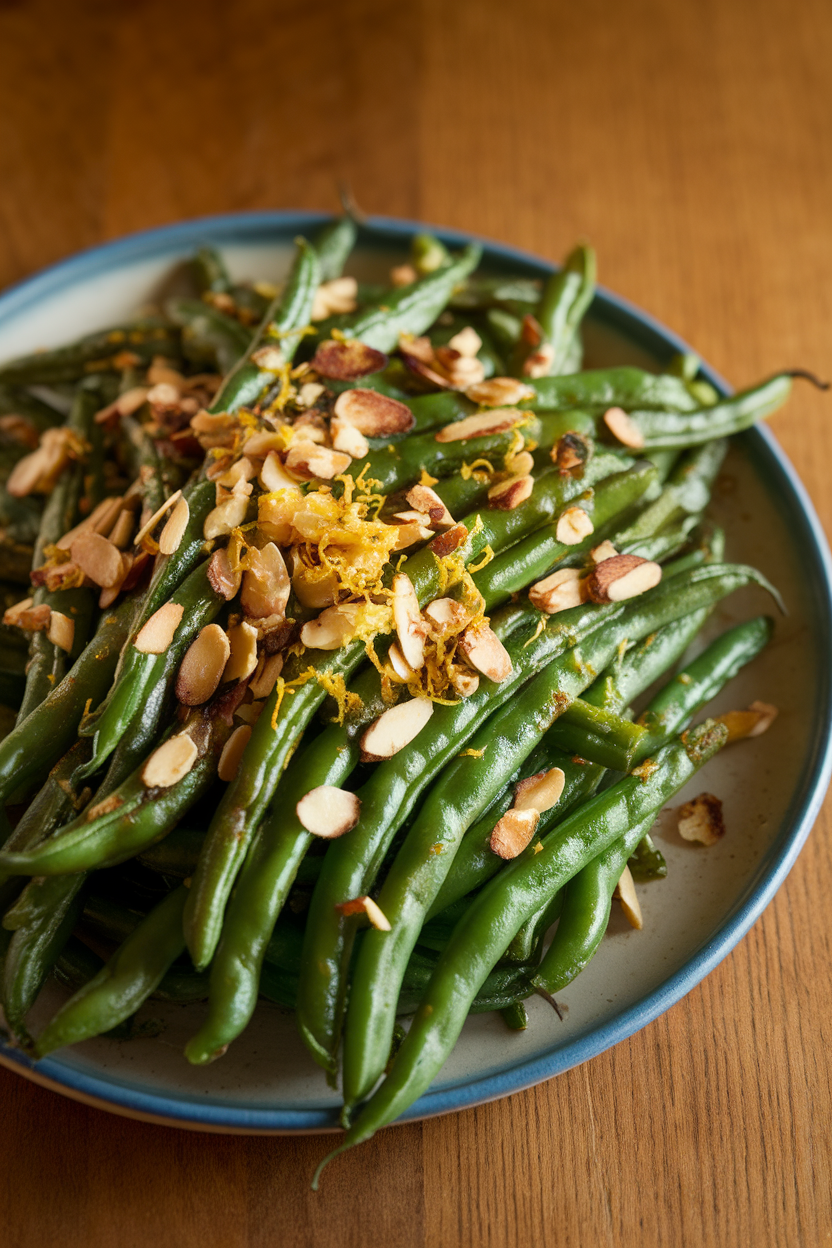 Indoor photo of blistered green beans scattered with toasted almond slivers and lemon zest on a platter; warm lighting, no text or logos.
