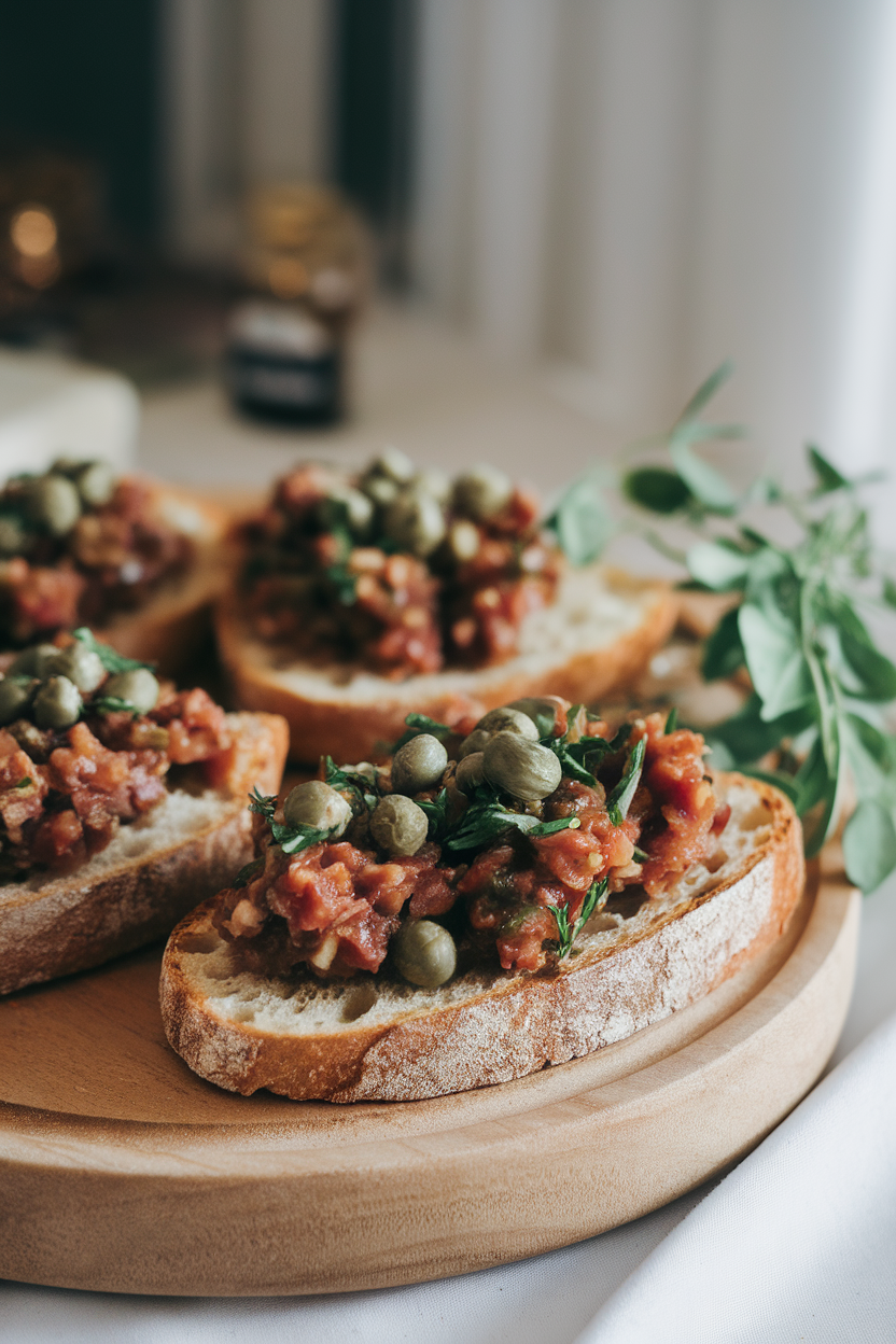 Indoor platter with toasted baguette slices topped with chunky eggplant caponata, capers and herbs visible. No text or logos. Photo only.