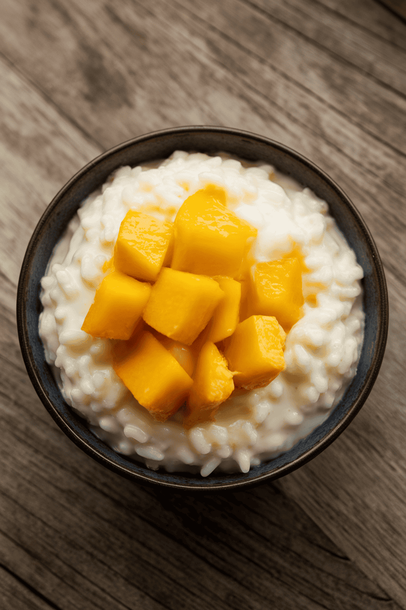 An indoor dessert bowl of creamy coconut rice pudding topped with diced mango cubes—no logos or text present. Photo only.