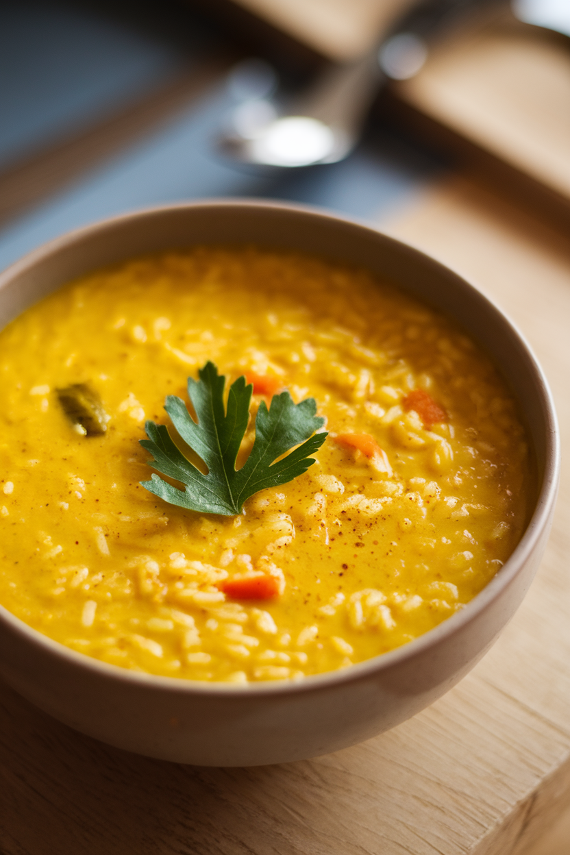 Indoor soup bowl of pale yellow rice soup, tiny specks of turmeric visible, topped with a parsley leaf. No text or logos; photo only.