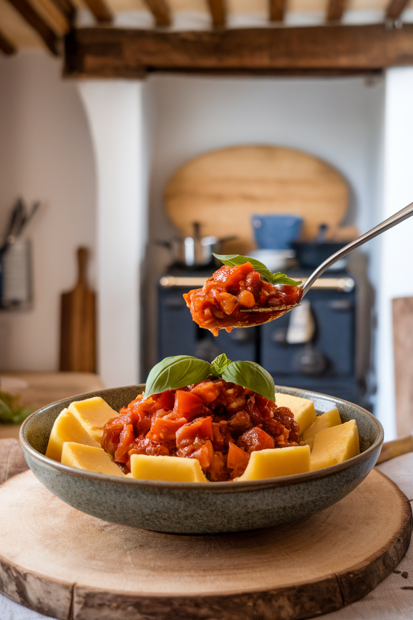 Indoor photo of sweet-sour caponata spooned over polenta slices in a bowl, garnished with basil. No text or logos.