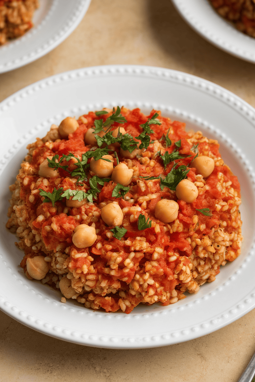 Indoor plate of bulgur pilaf tinted red with tomato, dotted with chickpeas and chopped parsley. No logos in view.