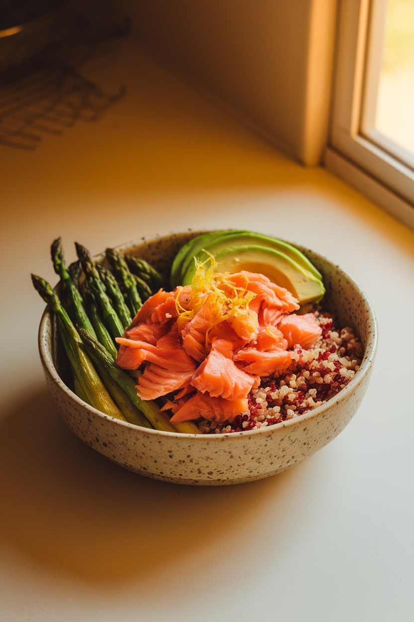 Photo of a warmly lit indoor countertop featuring a speckled ceramic bowl filled with flaked roasted salmon, red quinoa, roasted asparagus tips, and avocado slices, garnished with lemon zest. No text or logos present.