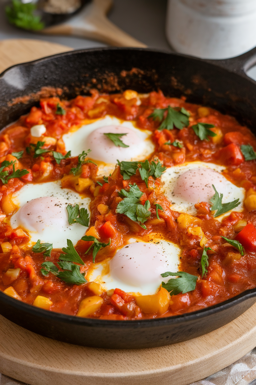 An indoor cast-iron skillet holding eggs gently poached in a spiced tomato-pepper sauce, yolks still runny, parsley sprinkled on top. No logos or text.