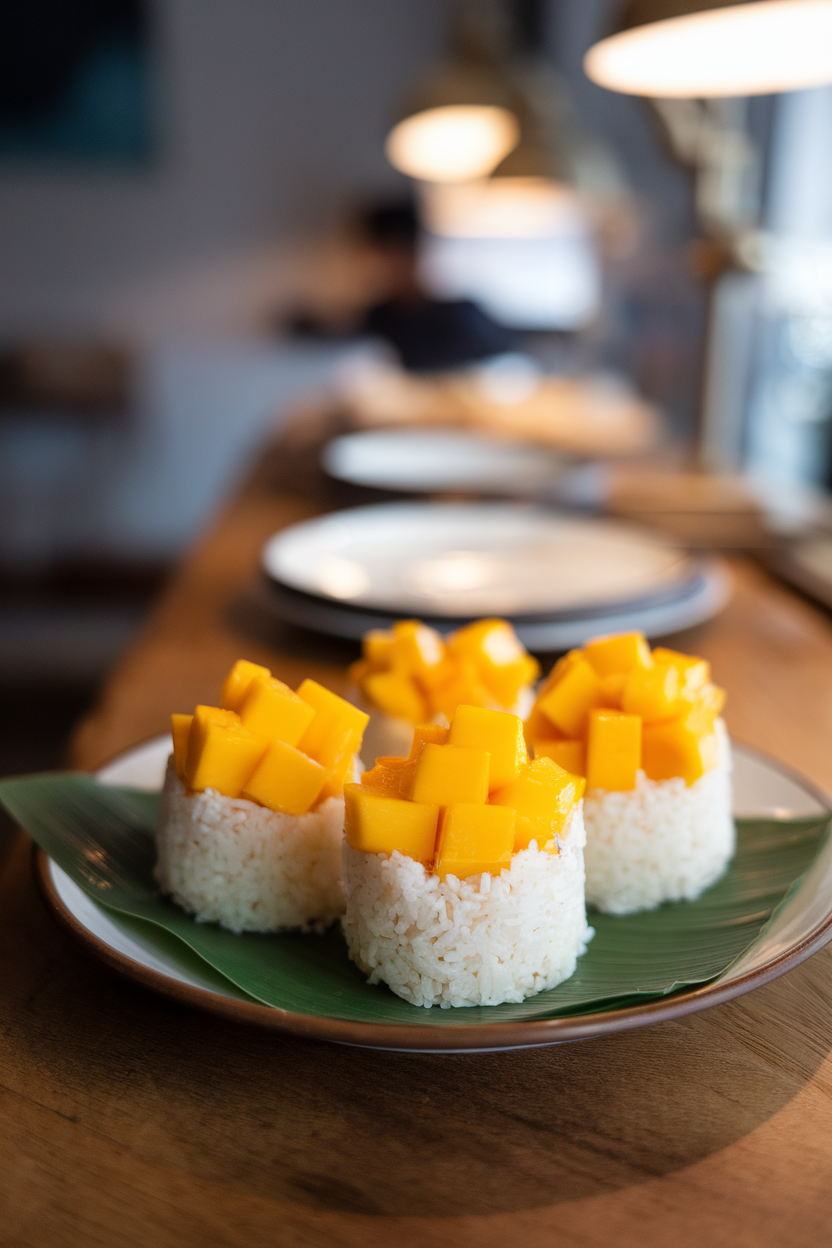 An indoor dessert plate featuring small cups of coconut sticky rice topped with fresh mango cubes, captured at eye level. No text or logos anywhere.