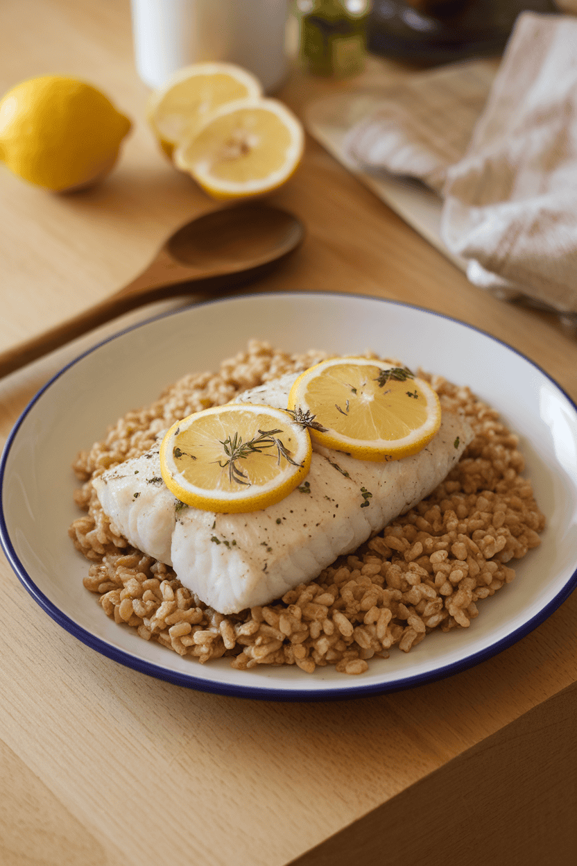 A warm indoor kitchen table displaying a plate of flaky baked cod fillet topped with lemon slices and herbs, beside a mound of cooked farro. Steam rises gently from the fish. No text or logos in scene. Photo, not illustration.