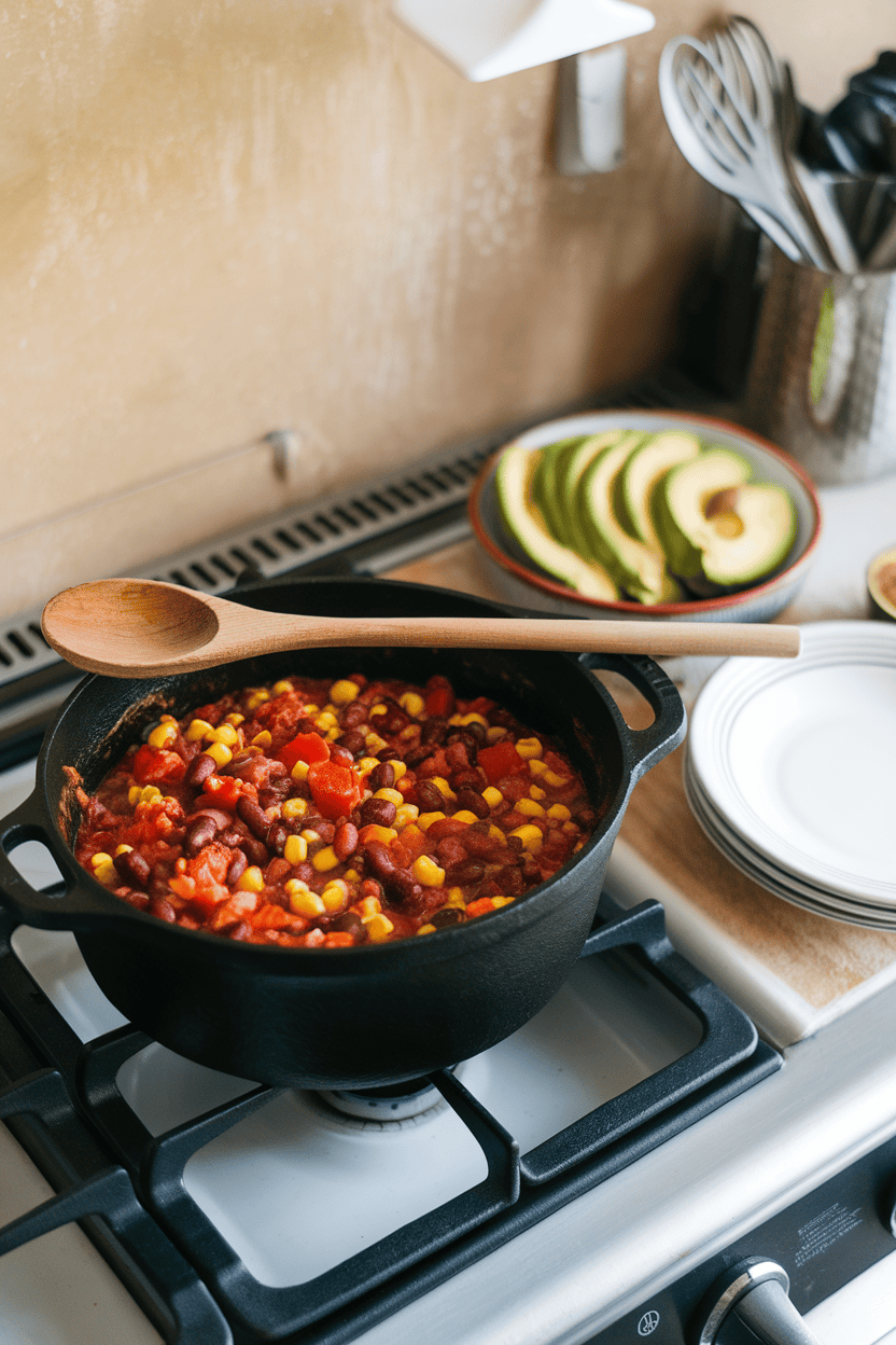 Photo of an indoor stovetop scene featuring a pot of chunky vegetable chili—beans, corn, diced tomatoes—with a bowl of sliced avocado ready for topping; no text or logos visible.