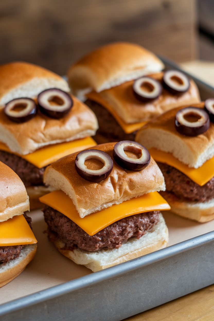 Slider buns filled with beef patties and cheddar ears, olive slice eyes to resemble cats, displayed on an indoor tray. Photo, no text or logos.