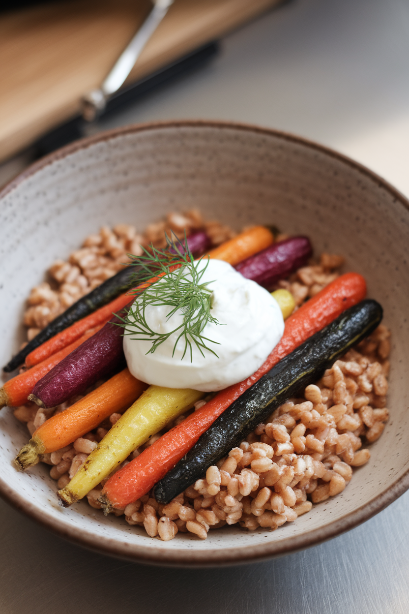 An indoor shallow bowl containing nutty farro topped with roasted rainbow carrots, a dollop of yogurt, and a sprinkle of dill. No logos or text present.