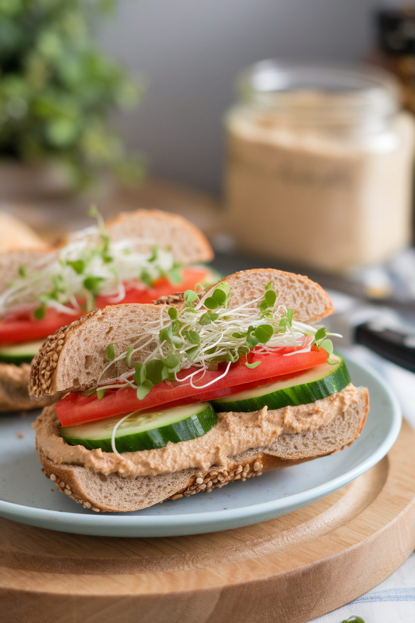 Indoor shot of a sliced whole-grain bagel spread with hummus and layered cucumbers, tomatoes, and sprouts. No logos or text present.