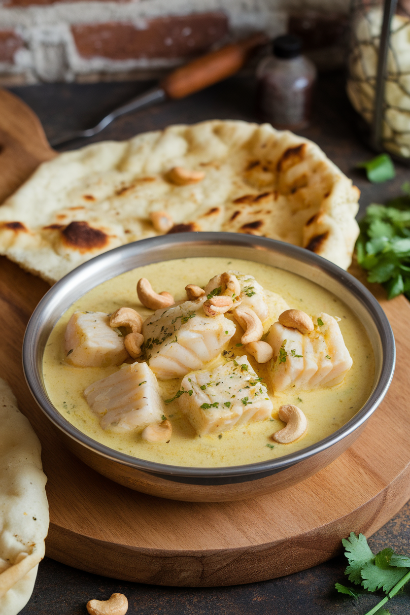 Indoor bowl of pale yellow korma sauce with cod chunks, cashew garnish, side of naan visible. No text or logos.