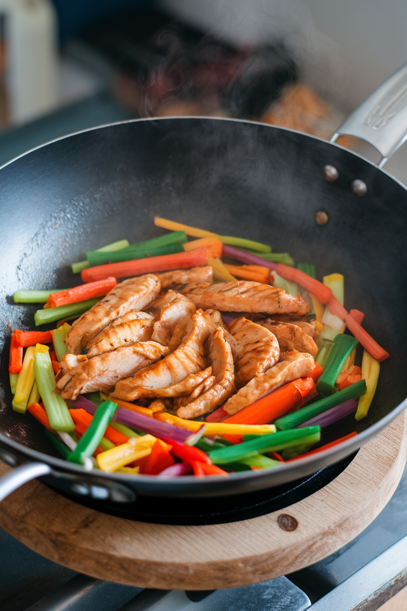 Indoor wok with colorful vegetables and chicken breast strips tossed in light soy sauce glaze, steam visible. No text or logos. Photo.