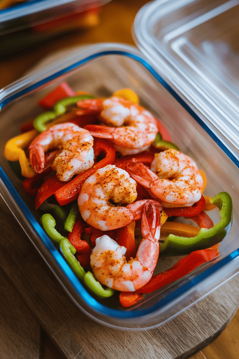 Indoor photo of shrimp and colorful pepper strips in a shallow meal-prep container, Cajun spices visible on the shrimp. Warm overhead lighting, no branding.