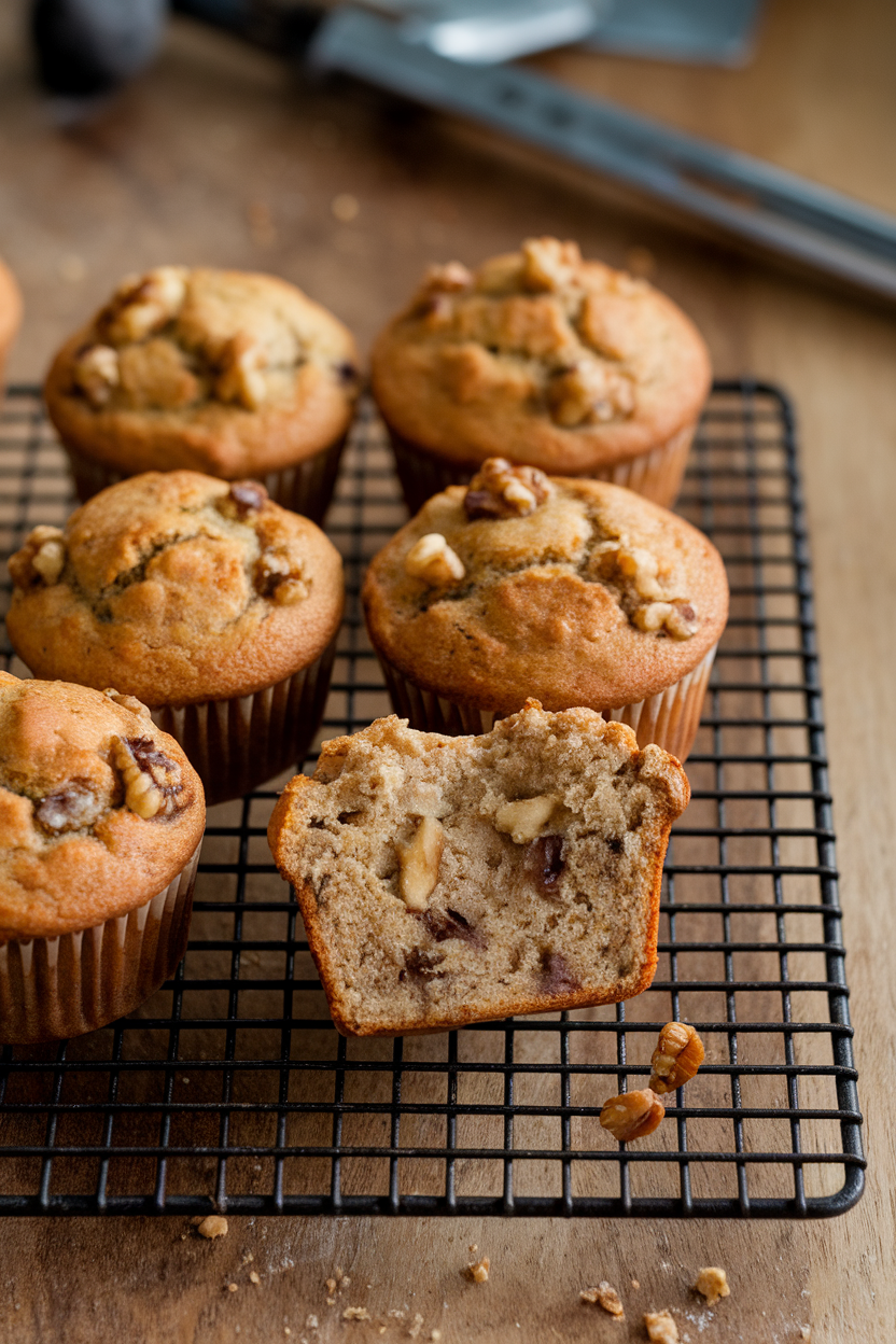 Indoor bakery scene with a wire rack holding freshly baked banana walnut muffins, one split open to reveal a tender crumb. No logos or text anywhere.