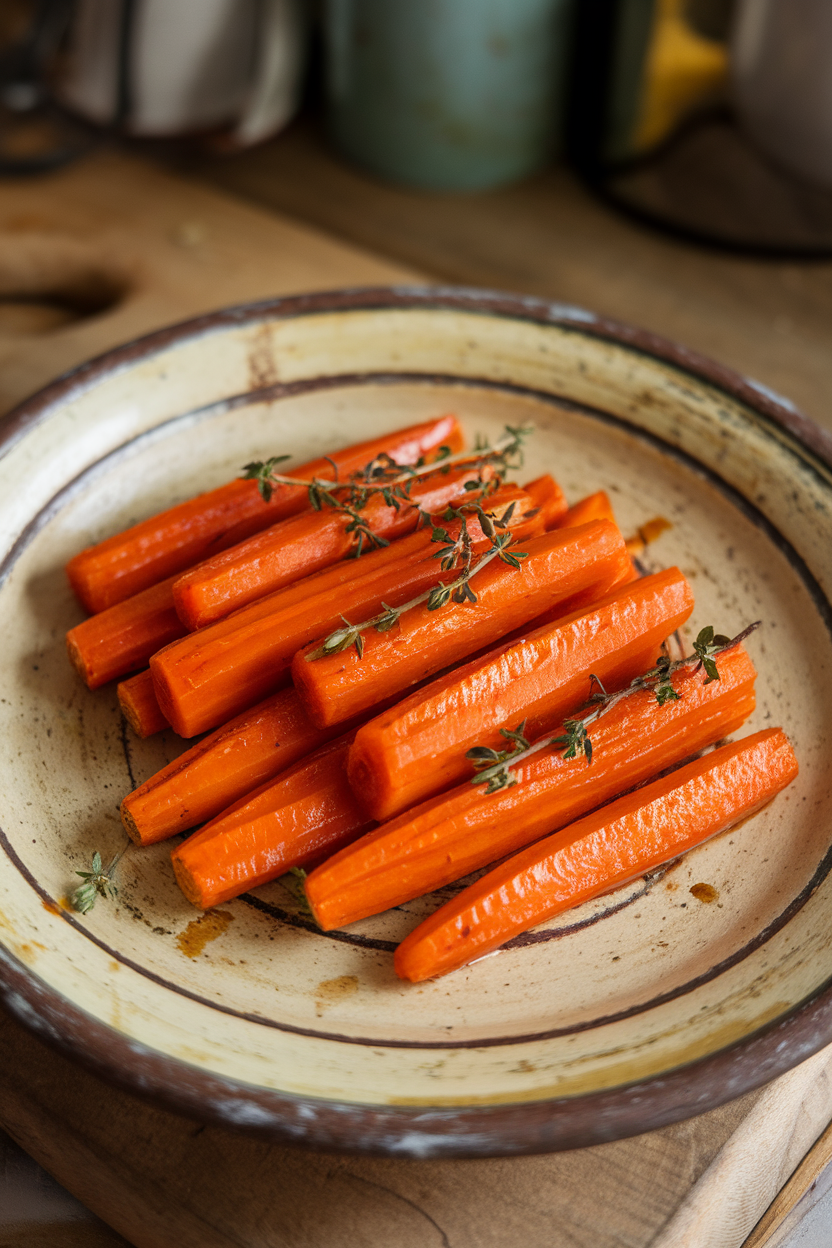 A close-up indoor shot of roasted carrot sticks brushed with shiny honey glaze and sprinkled with fresh thyme, presented on a rustic ceramic platter; no text or logos. Photo only.