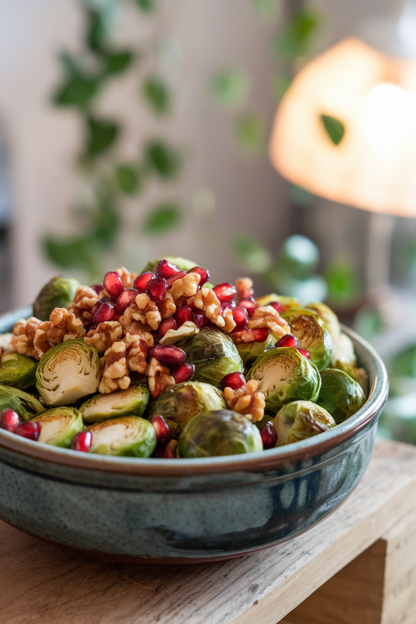 A ceramic bowl indoors showing roasted Brussels sprouts tossed with ruby pomegranate seeds and chopped walnuts; no text or logos. Photo only.