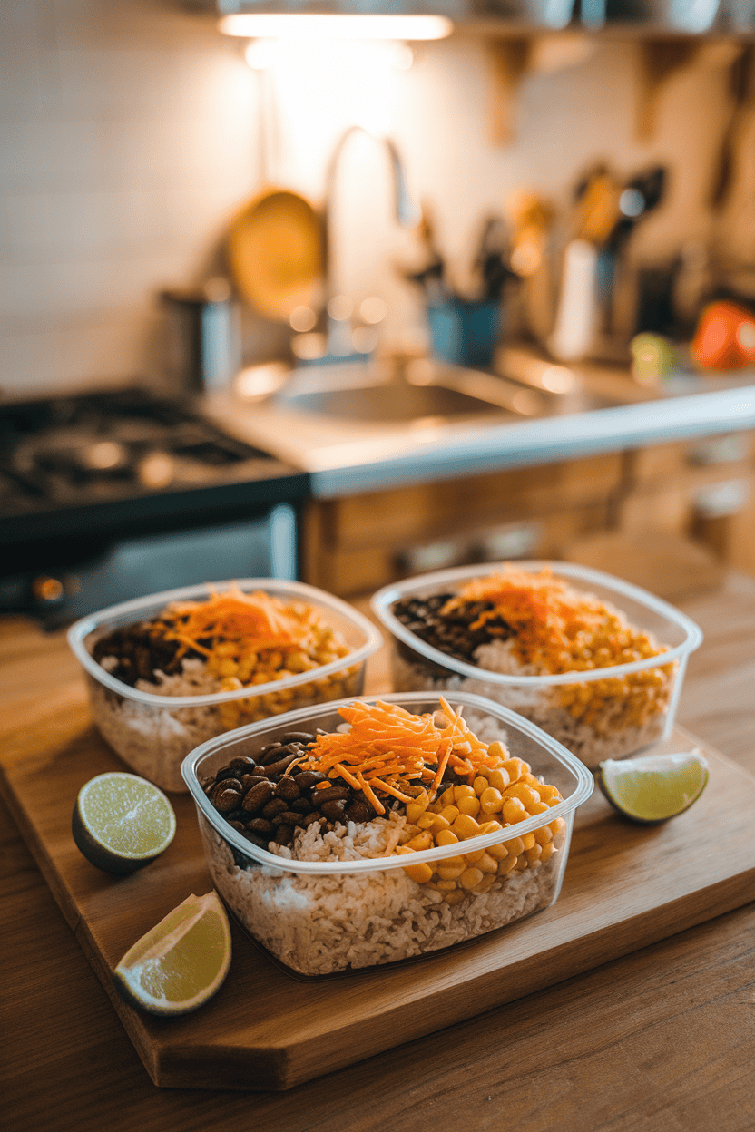 A photo of an indoor wooden table holding three meal-prep containers filled with cooked rice, seasoned black beans, roasted corn, and a sprinkle of shredded cheddar, lime wedges to the side. Warm kitchen lighting, no text or logos anywhere.