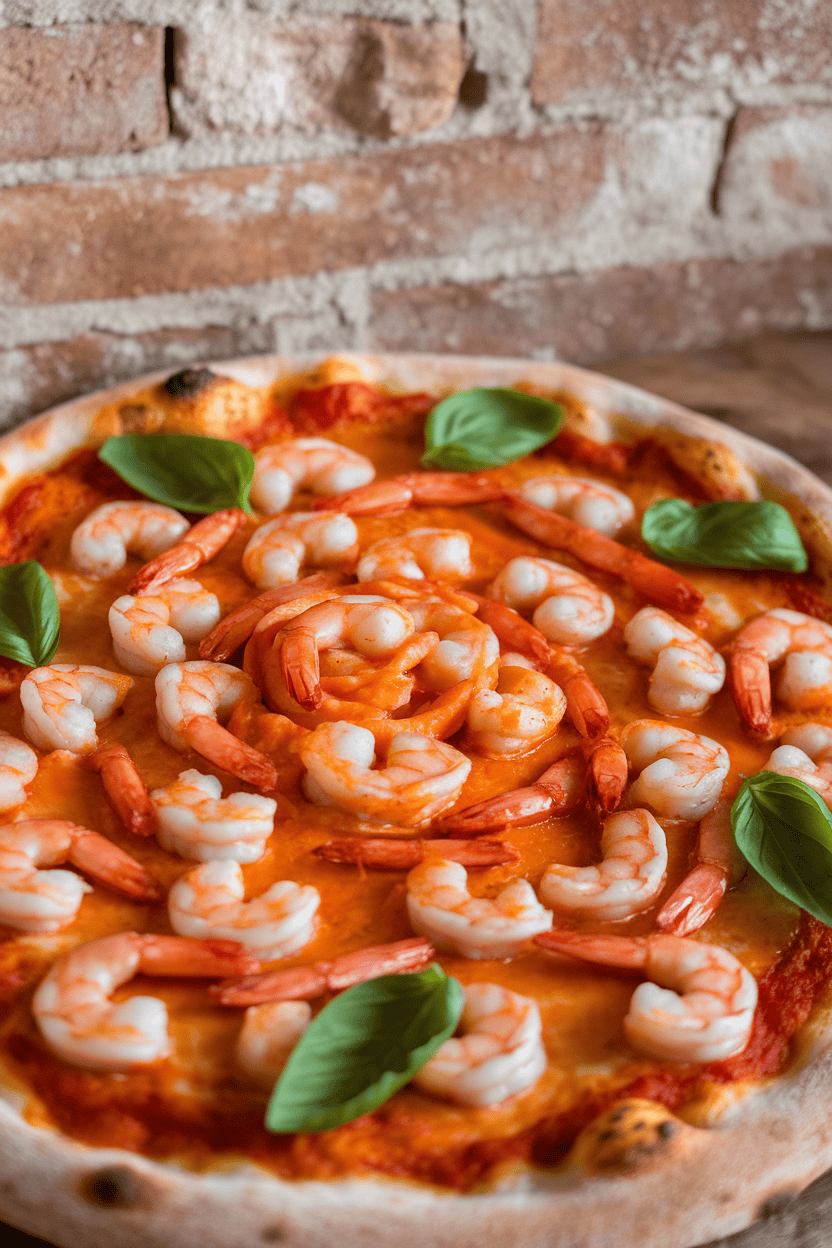 Indoor setting of a pizza topped with cooked shrimp glazed in orange sweet-chili sauce, arranged as a swirling vortex. No text or logos.