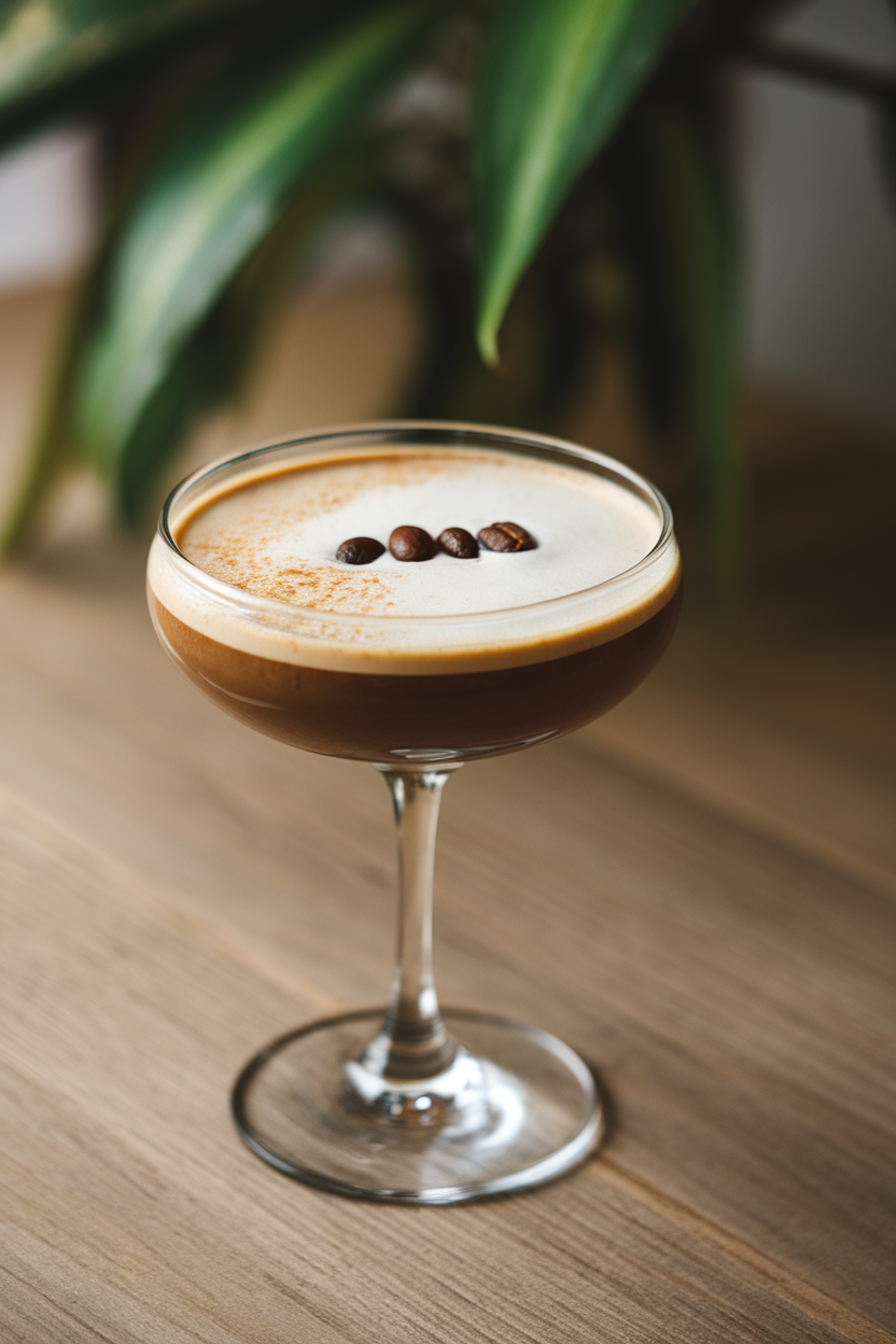 Photo of a sleek coupe indoors holding a hazelnut espresso martini, crema foam on top and three coffee beans arranged neatly. No text or logos anywhere in frame.