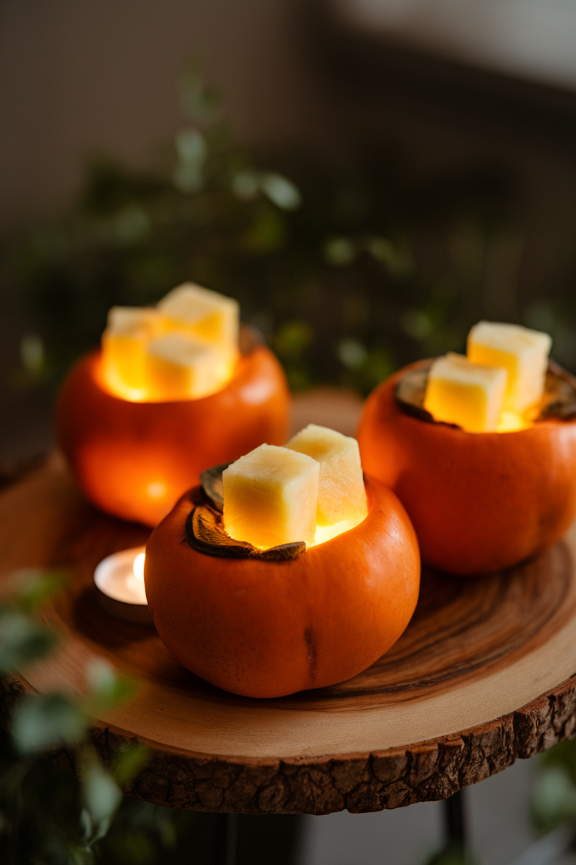 Hollowed persimmons indoors holding glowing cubes of pineapple, tiny tealight hidden behind the platter for illumination. No text or logos.