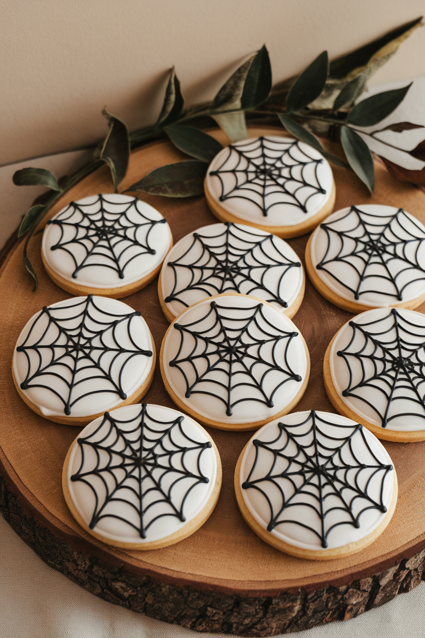 Indoor photo of round cookies with white flood icing and delicate black spiderweb patterns drawn from center to edges, no text or logos.