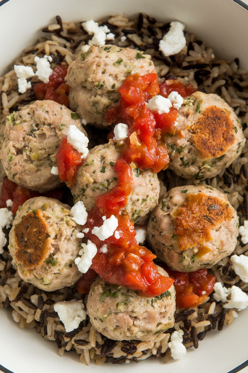 Indoor image of herb-packed turkey meatballs over wild rice, topped with tomato-olive relish and crumbled feta. No logos or text.