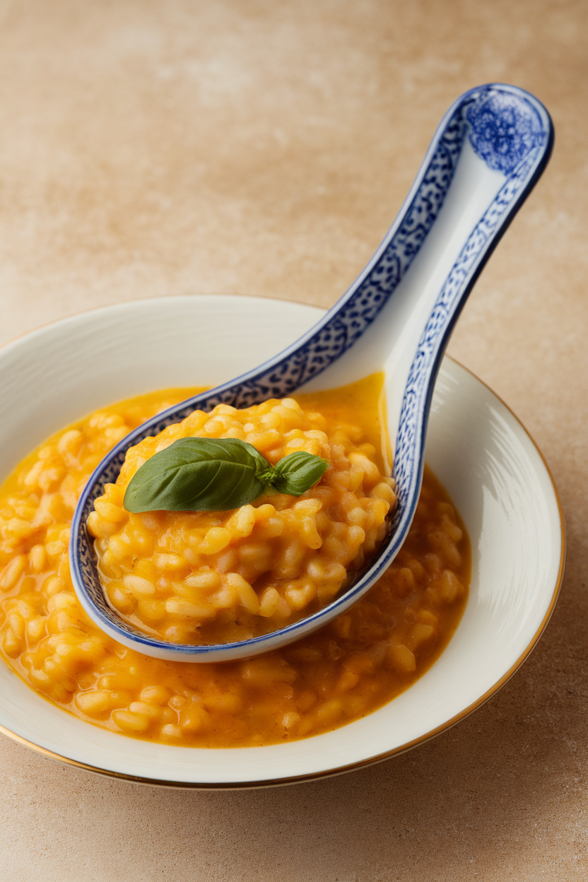An indoor party tray of porcelain Asian soup spoons each filled with creamy saffron-pumpkin risotto and a micro basil leaf. No text or logos. Photo, not illustration.