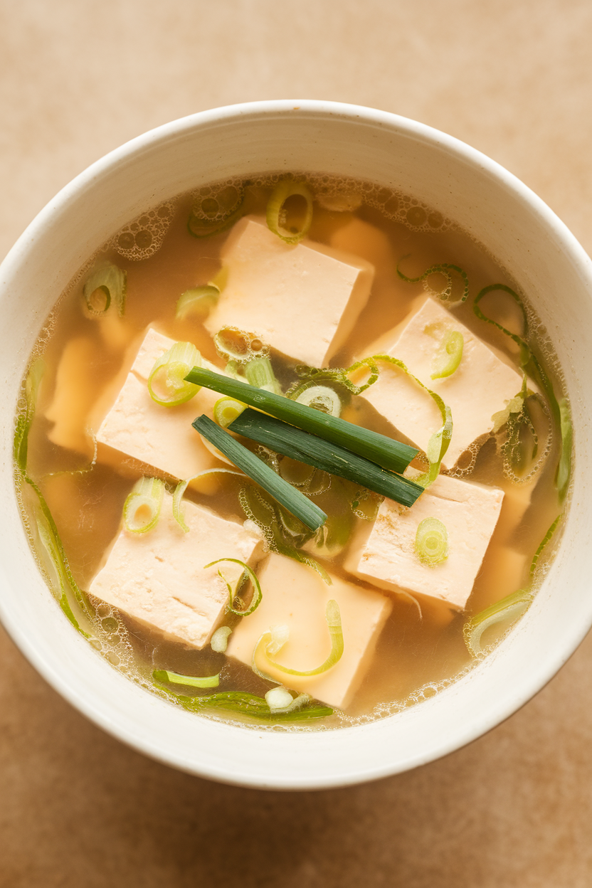 Indoor soup bowl of pale miso broth showcasing small cubes of silken tofu and a few scallions. No text or logos; photo only.