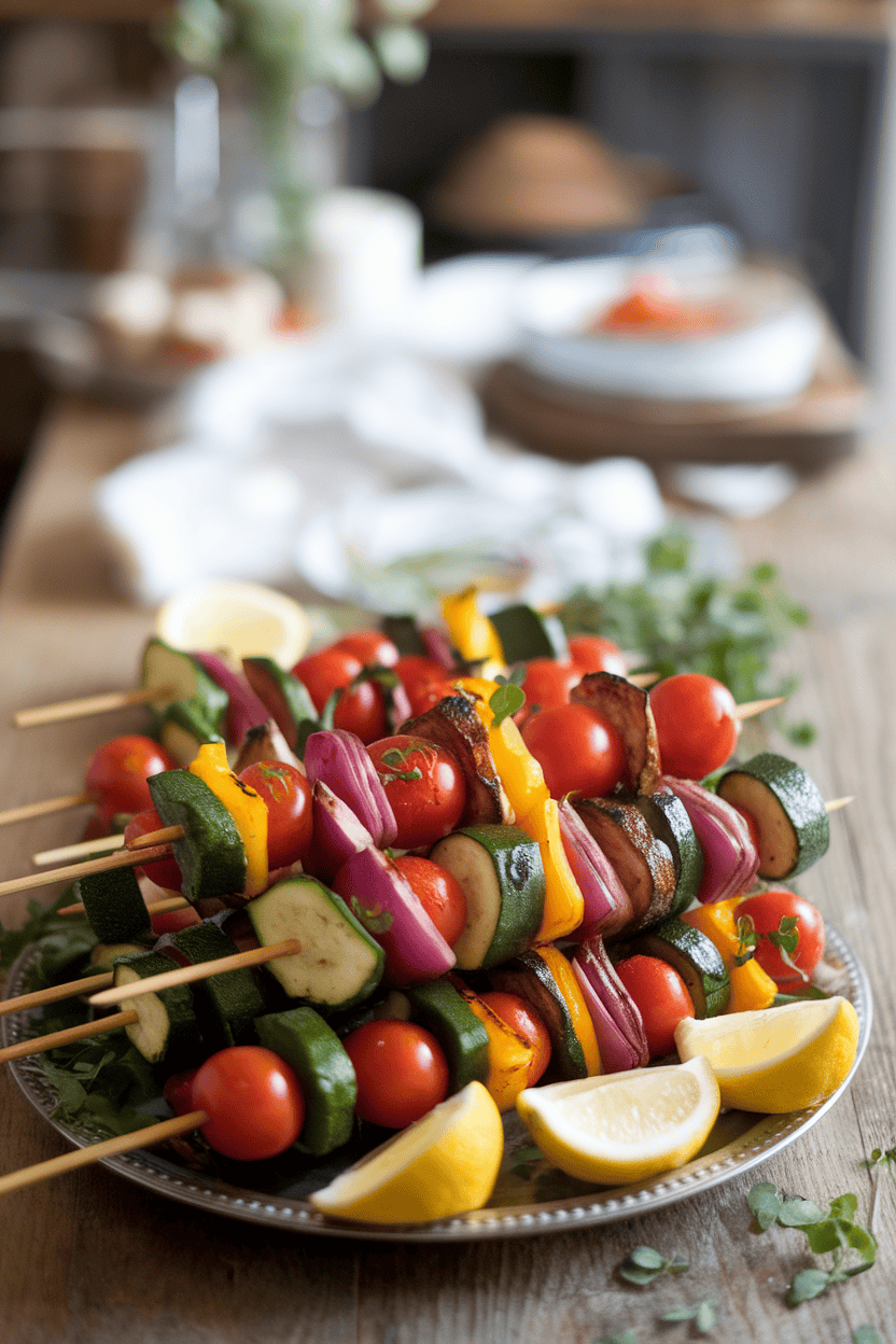 Photo of skewered zucchini, bell peppers, red onion, and cherry tomatoes fresh off the grill, laid out on an indoor platter. No text or logos present.