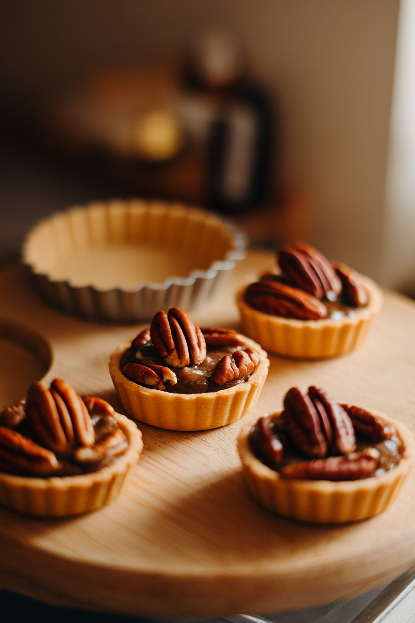 A warmly lit indoor pastry board with three mini pecan tartlets, glossy pecan halves arranged on top of a rich filling, individual tart pans visible in the background. No text or logos.