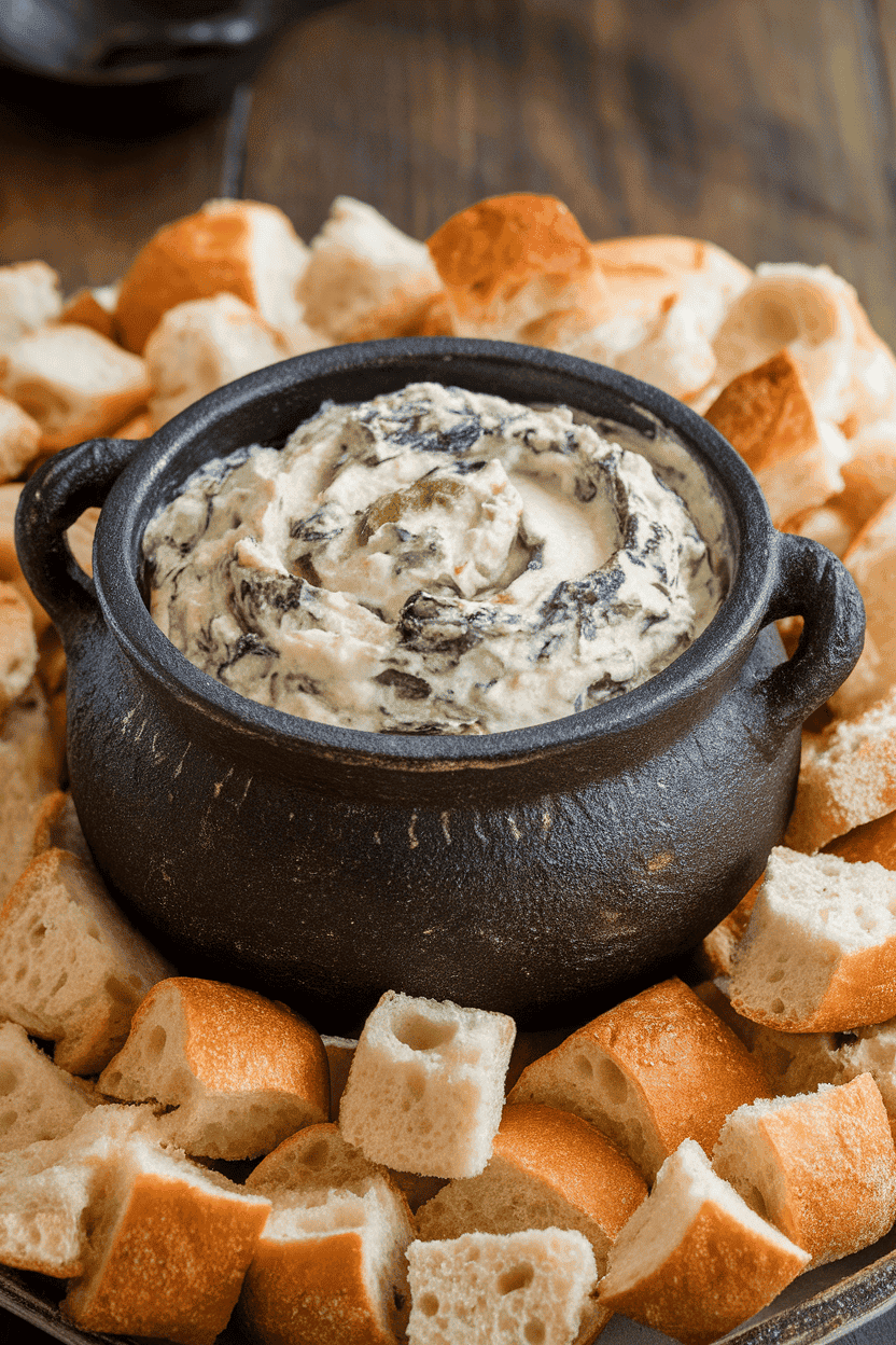 Indoor stoneware bowl shaped like a mini cauldron brimming with creamy spinach artichoke dip, bread cube “dippers” encircling it. No logos or text.