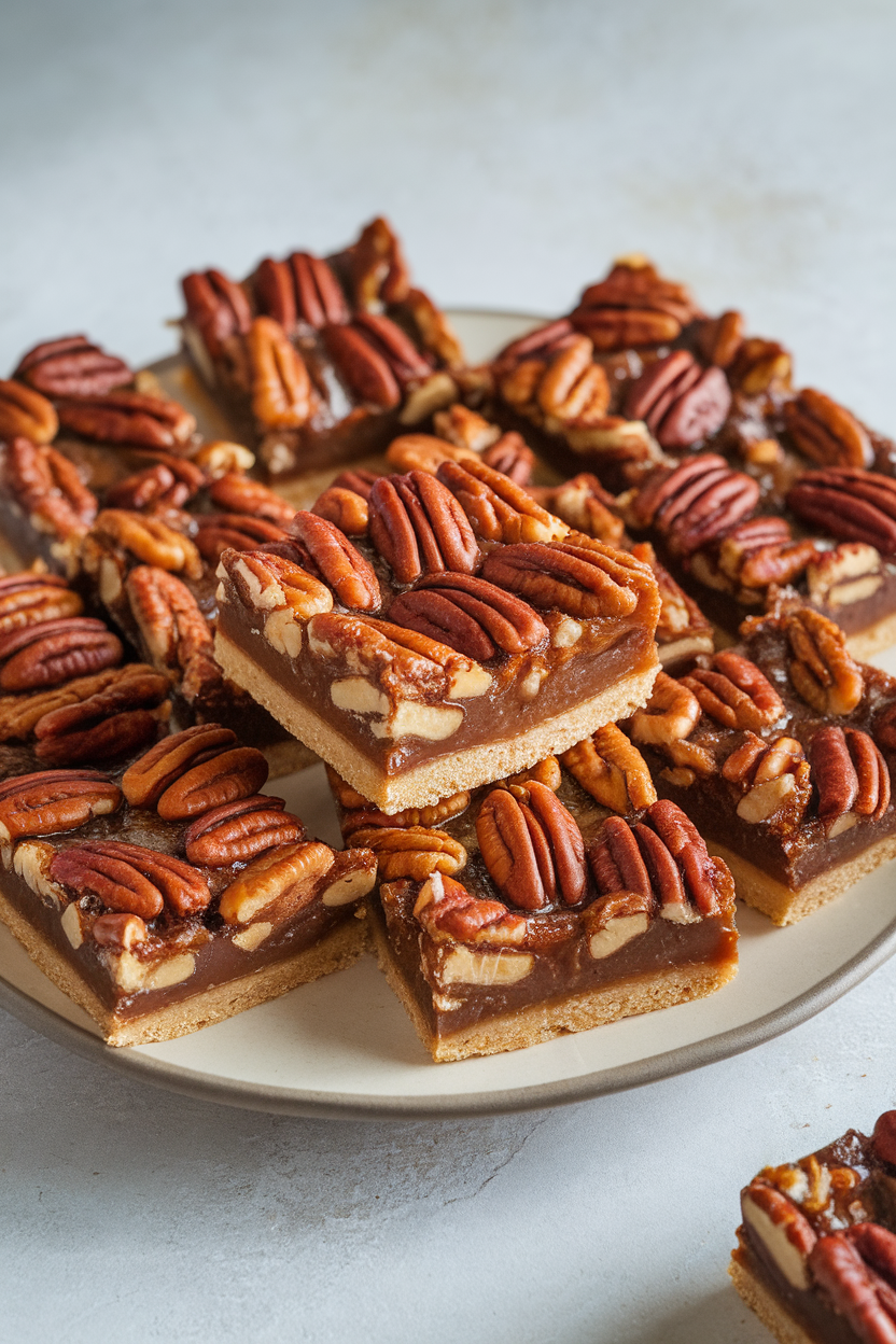 Plate of pecan pie bars with gooey filling and shortbread crust, photographed indoors. No text or logos. Photo.