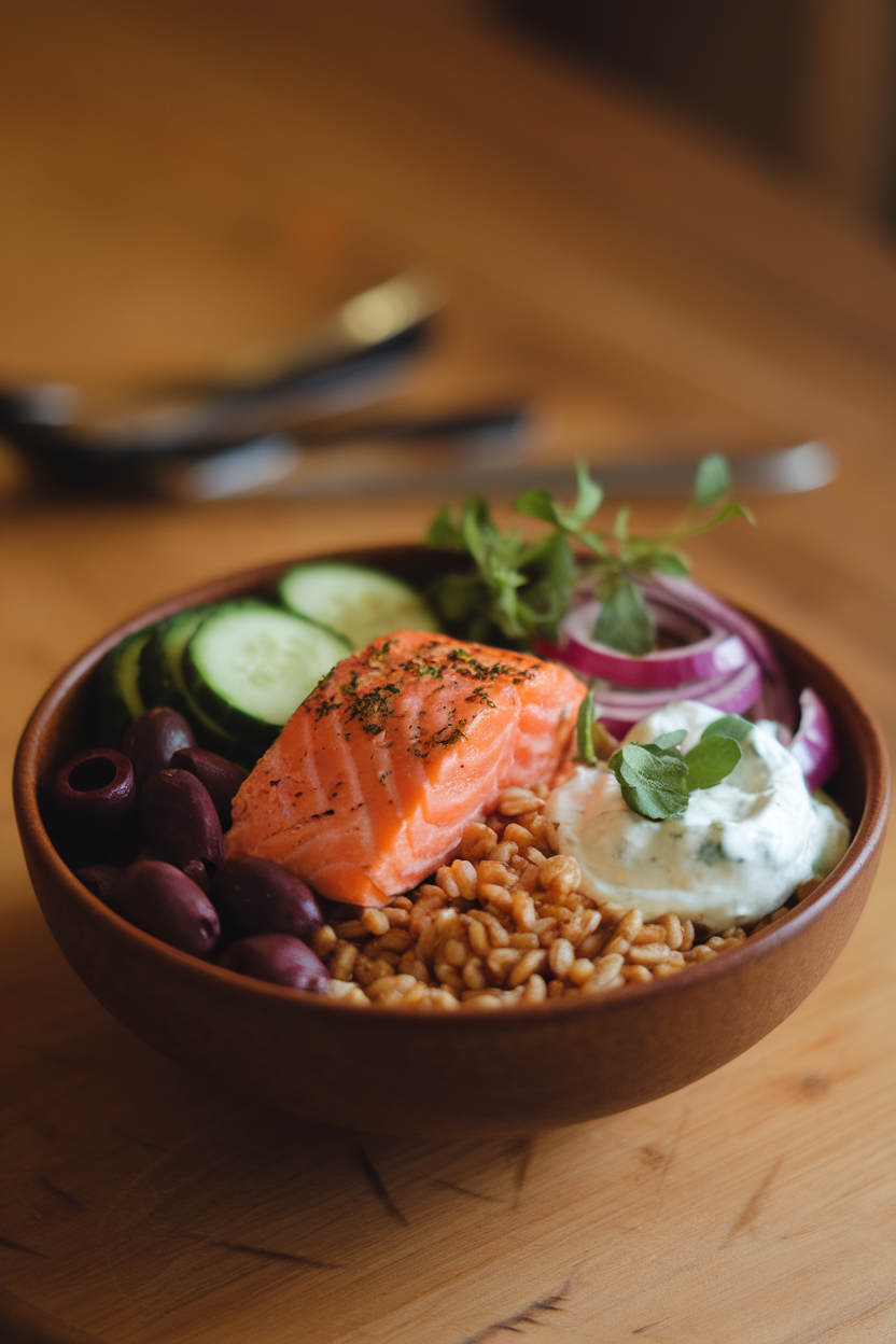 Warm indoor photo of a bowl showing farro, oregano-roasted salmon, kalamata olives, cucumber, red onion, and tzatziki spooned on top. No logos or text visible.