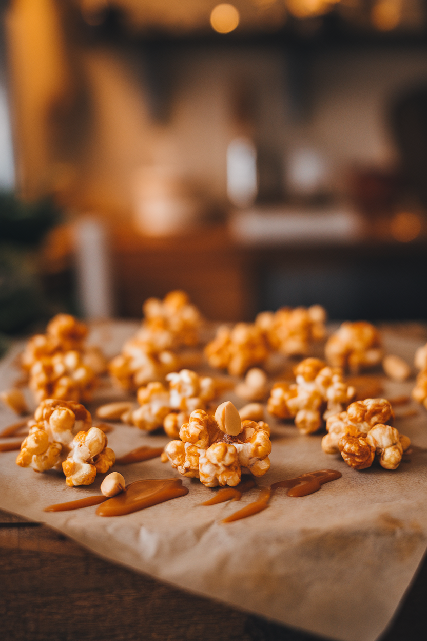 Indoor photo of small mounds of caramel popcorn mixed with peanuts on parchment paper. No text or logos.