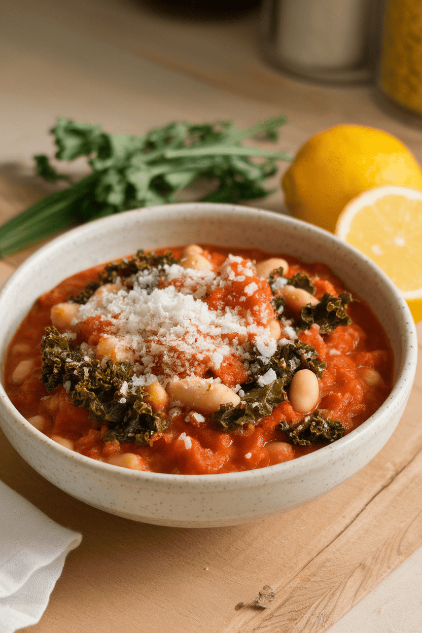 Indoor photo of a bowl of tomato-based white bean stew with kale, topped with grated Parmesan, no text or logos.