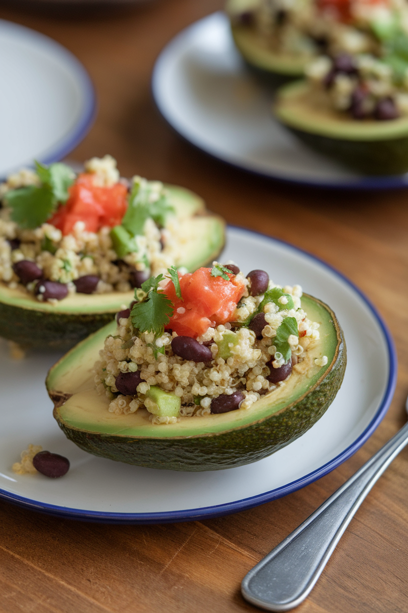 A plate on an indoor table showing halved avocados brimming with cilantro-lime quinoa, black beans, and diced tomato. No logos or text, photo style.