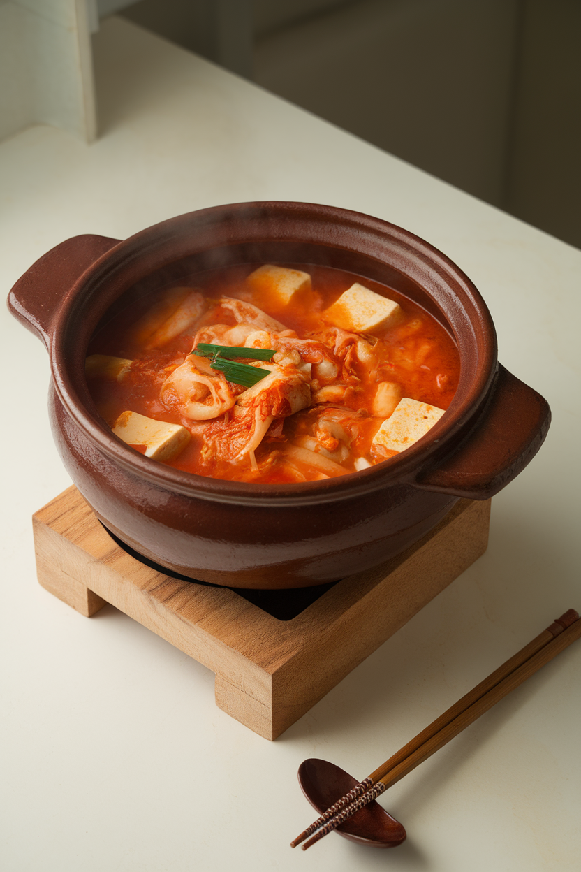Indoor photo of a bubbling clay pot of kimchi jjigae—kimchi, pork belly, tofu, and scallions in red broth. No text or logos.