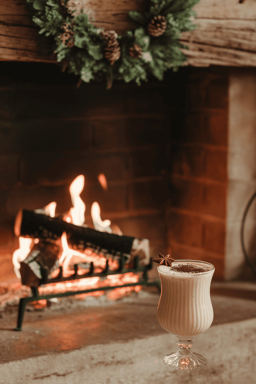 Indoor fireplace scene with a footed glass of spiced eggnog cocktail, star anise floating, sprinkle of black cocoa powder; photo, no logos.