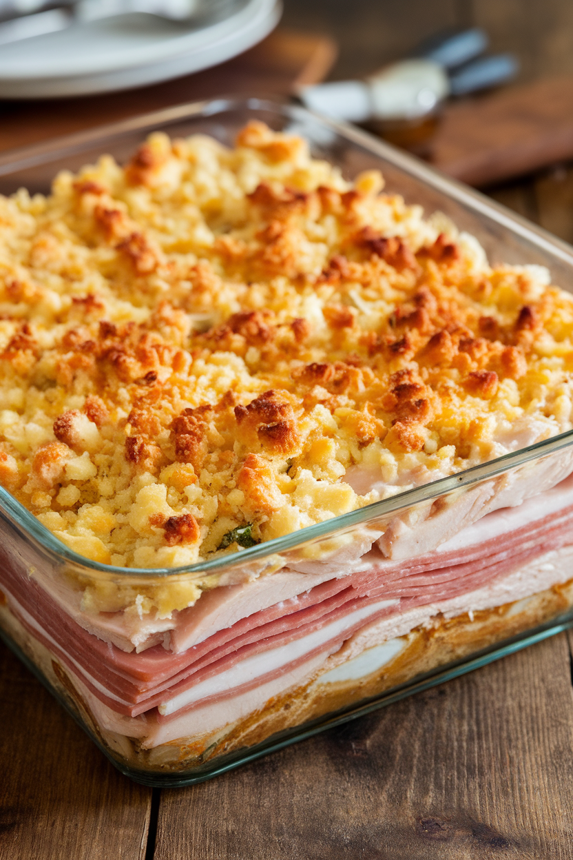 Indoor casserole dish with layered chicken, ham, and Swiss cheese topped with buttery crumbs, melted and bubbling. No text or logos. Photo.