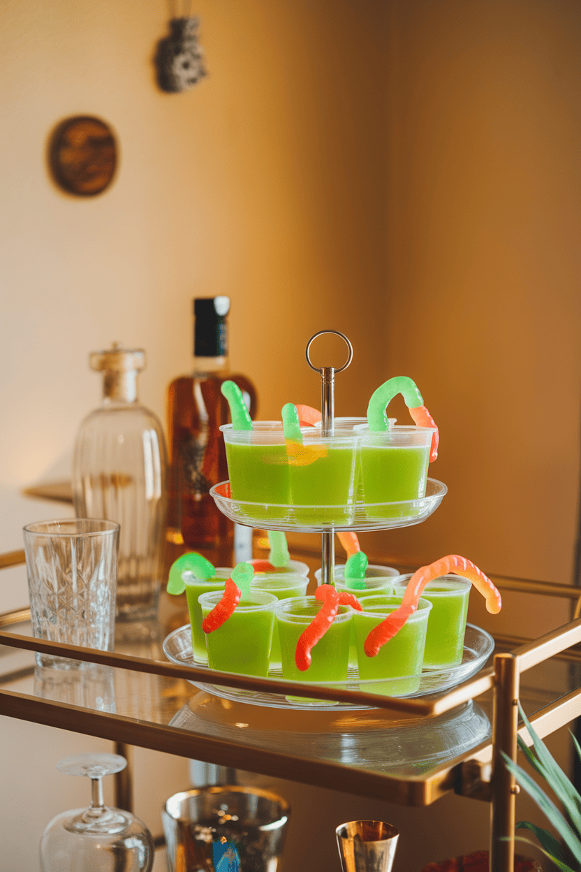 A warmly lit indoor bar cart featuring bright green lime jello shots topped with gummy worms wriggling out, served in clear plastic cups, no text or logos visible