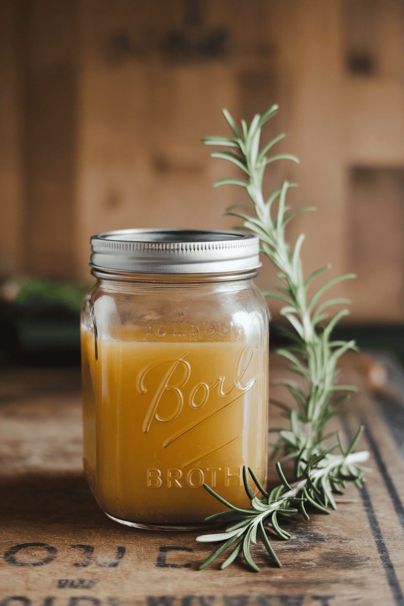 An indoor scene with a clear mason jar of golden chicken bone broth, rosemary sprig beside, no text or logos.
