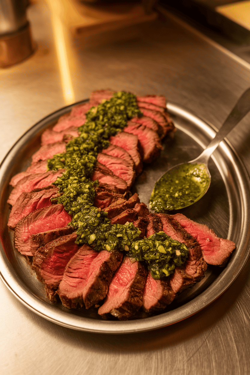Warm indoor counter showing medium-rare sliced steak fanned out on a platter with bright green chimichurri sauce spooned over. No text or logos present. Photo, not illustration.