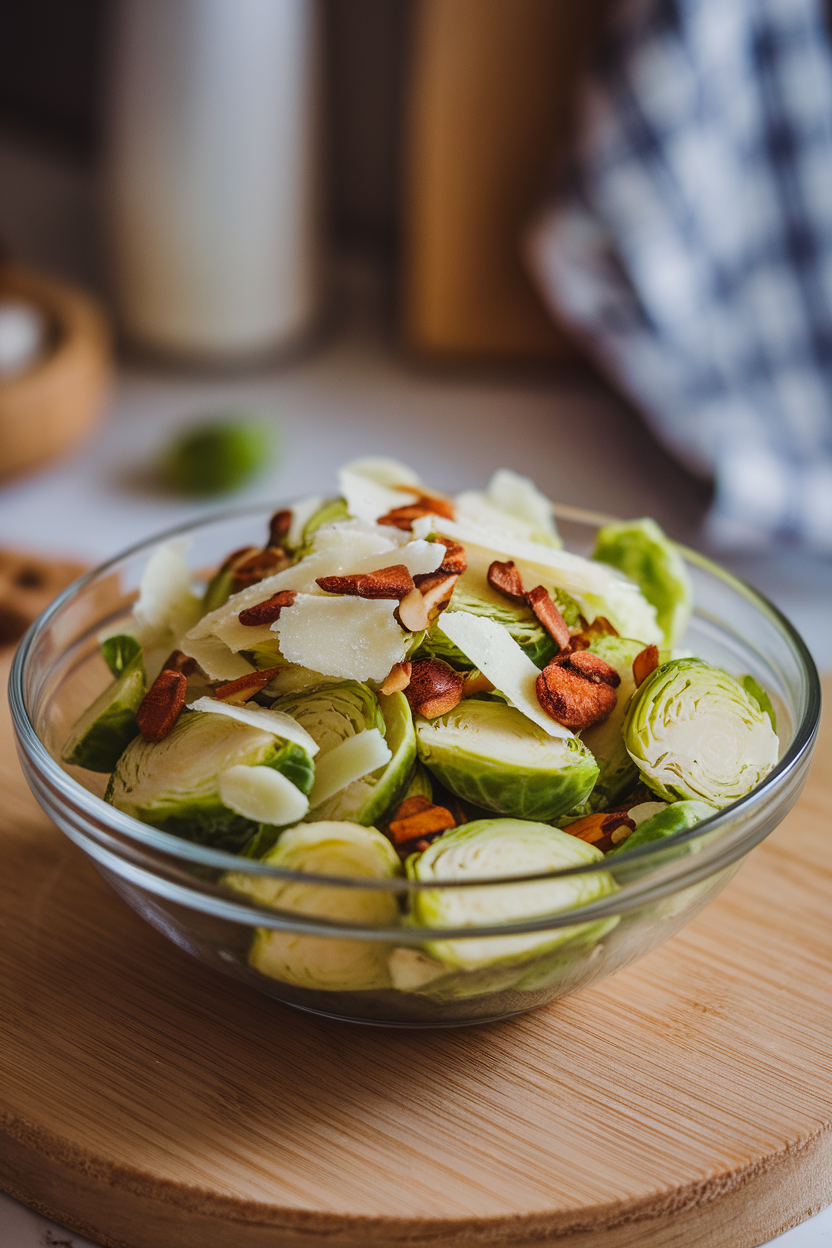 A shallow salad bowl indoors containing thinly sliced Brussels sprouts, Parmesan shavings, and toasted almonds; soft focus, no text or logos. Photo only.