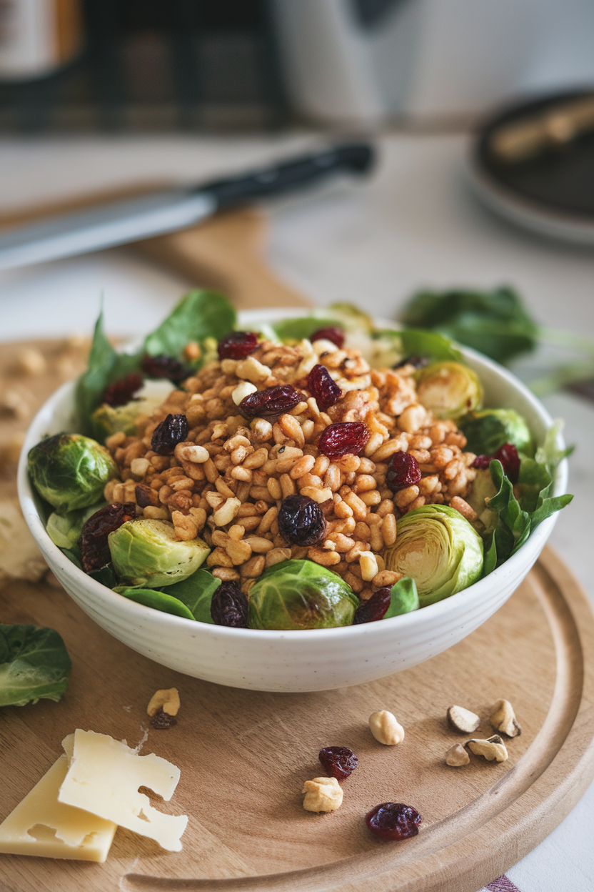Indoor photo of a salad bowl with roasted Brussels sprouts, farro, dried cranberries, and a light vinaigrette; no text or logos anywhere.